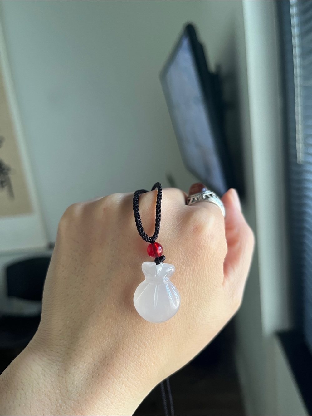 White Jade Luck Pouch Pendant Necklace with Red Accent